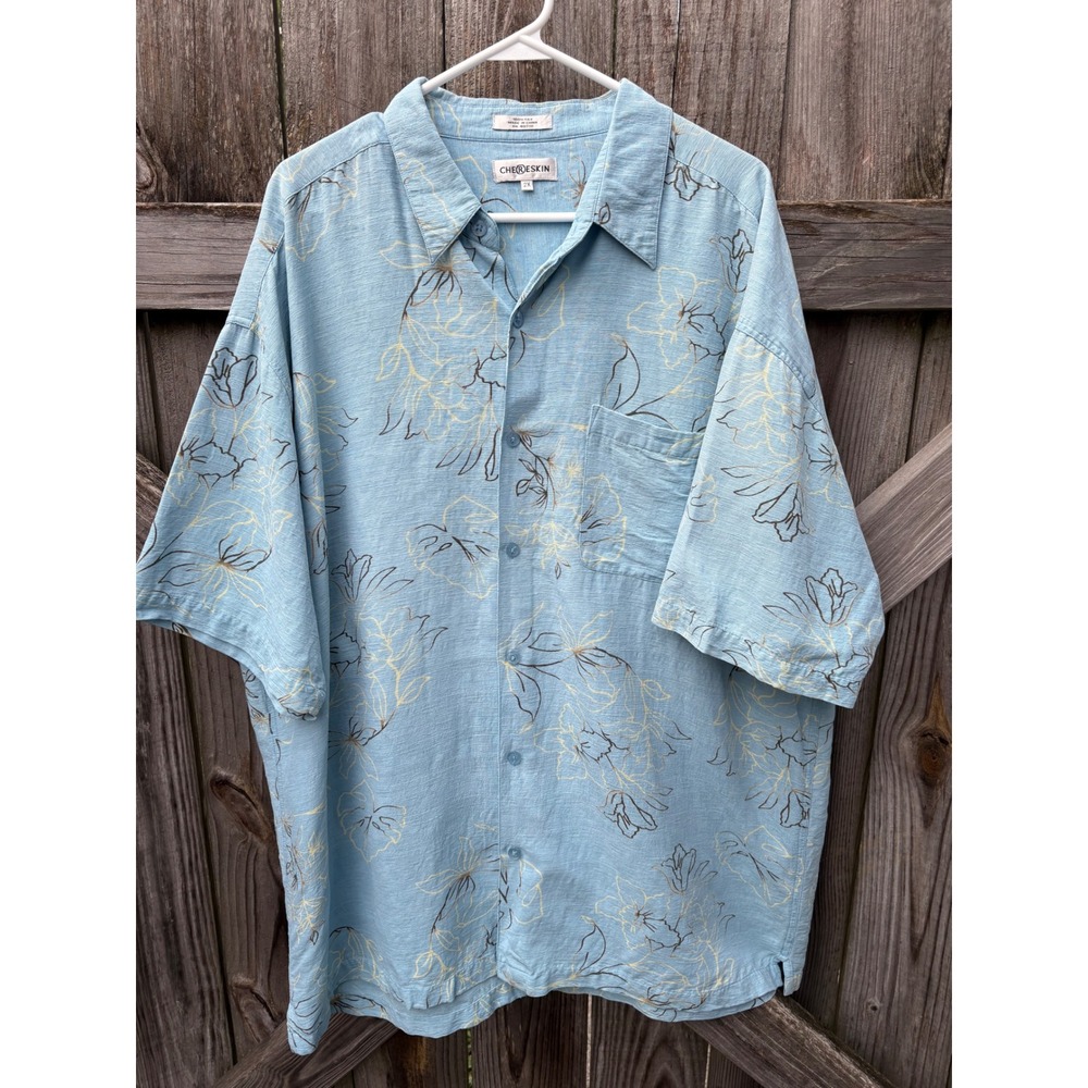 Chereskin Mens 2X Blue Floral 100% Silk Short Sleeve Button Down Shirt Tropical